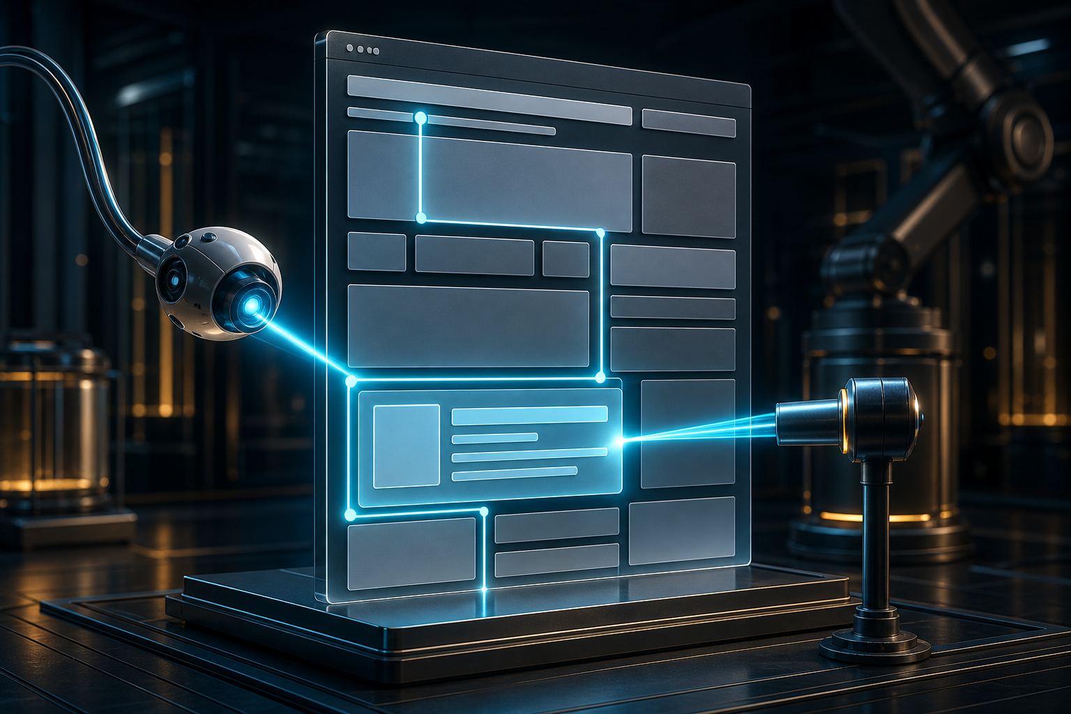 A scanning probe traces a clear path through a rendered web page and illuminates one visible, self-contained content block.