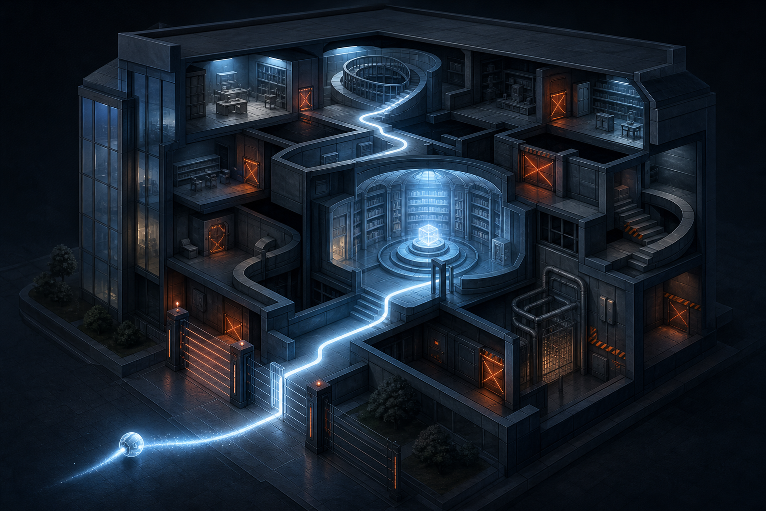 An abstract website building has blocked corridors and sealed entrances, while one illuminated route reaches its central content chamber.