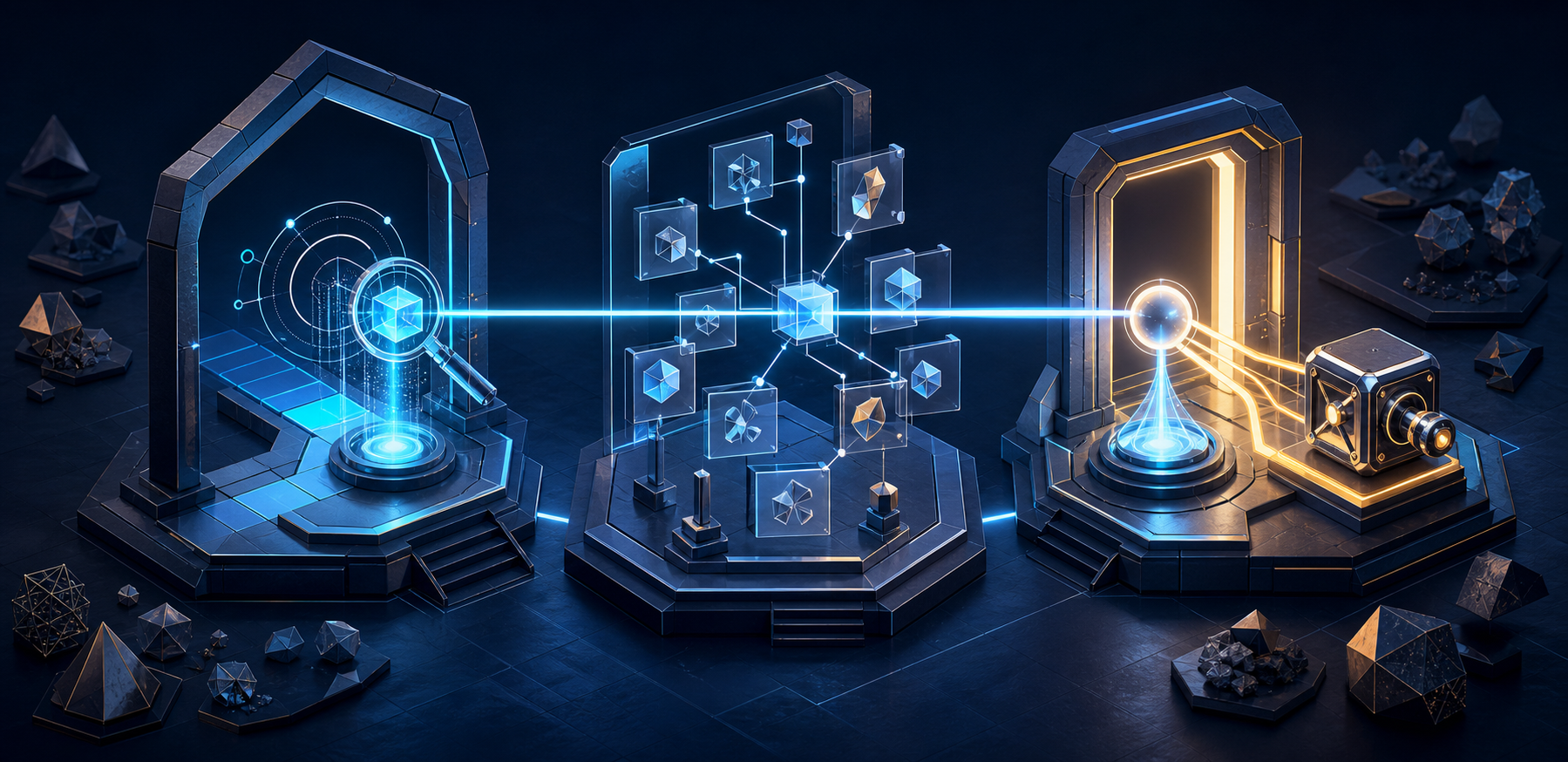 Three connected diagnostic stations examine a reachable path, supporting evidence, and a useful destination in sequence.