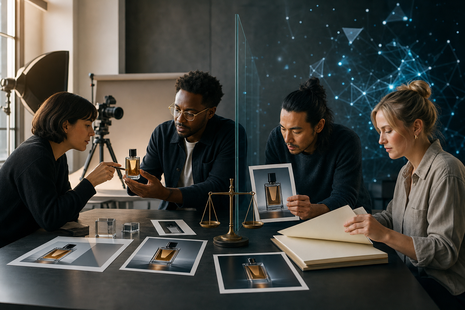A creative team compares product images with a physical product beside a glass boundary, a balance scale and an abstract AI visualization.