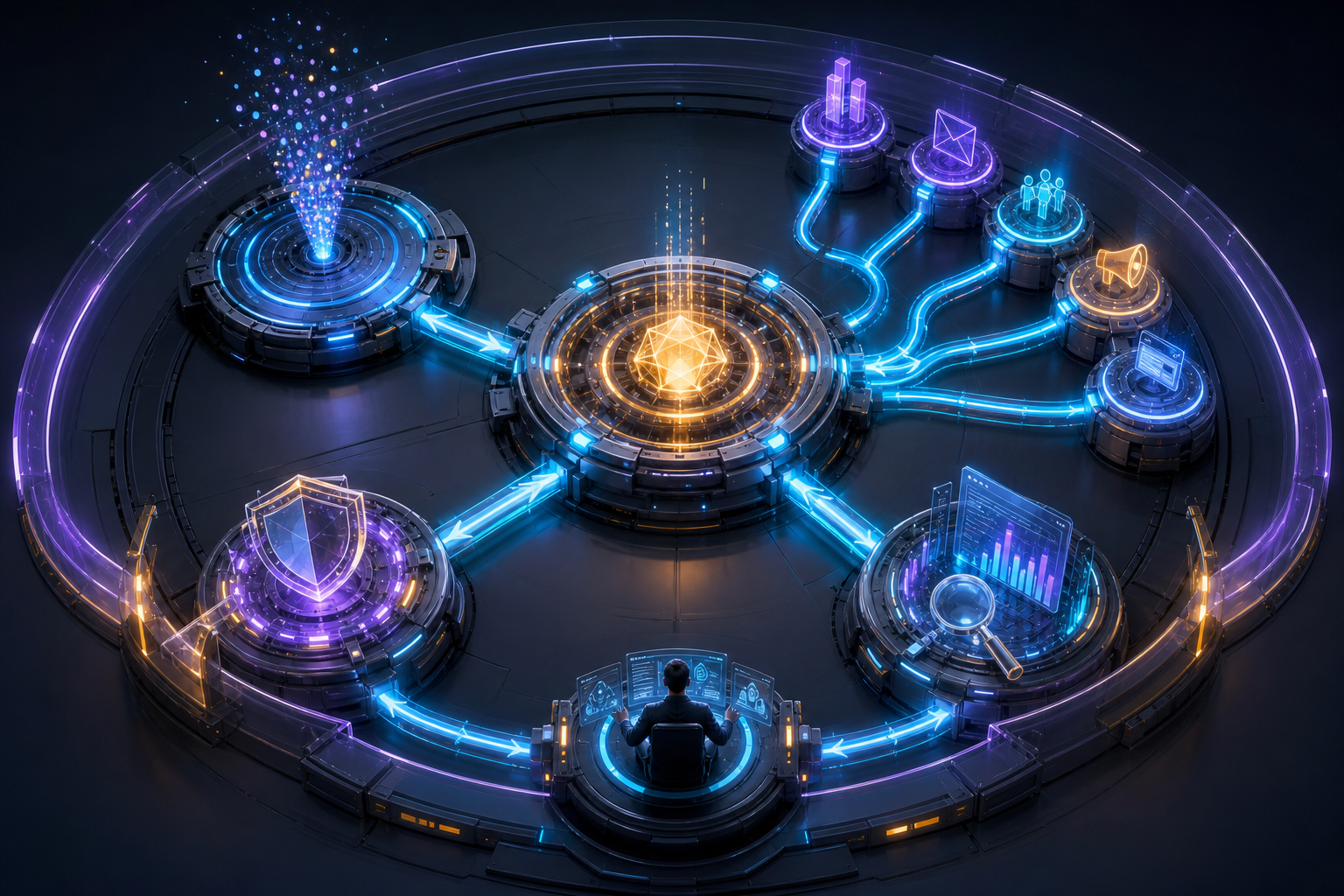 A circular workflow connects signal collection, AI decision-making, channel actions, measurement, and a guarded oversight checkpoint.