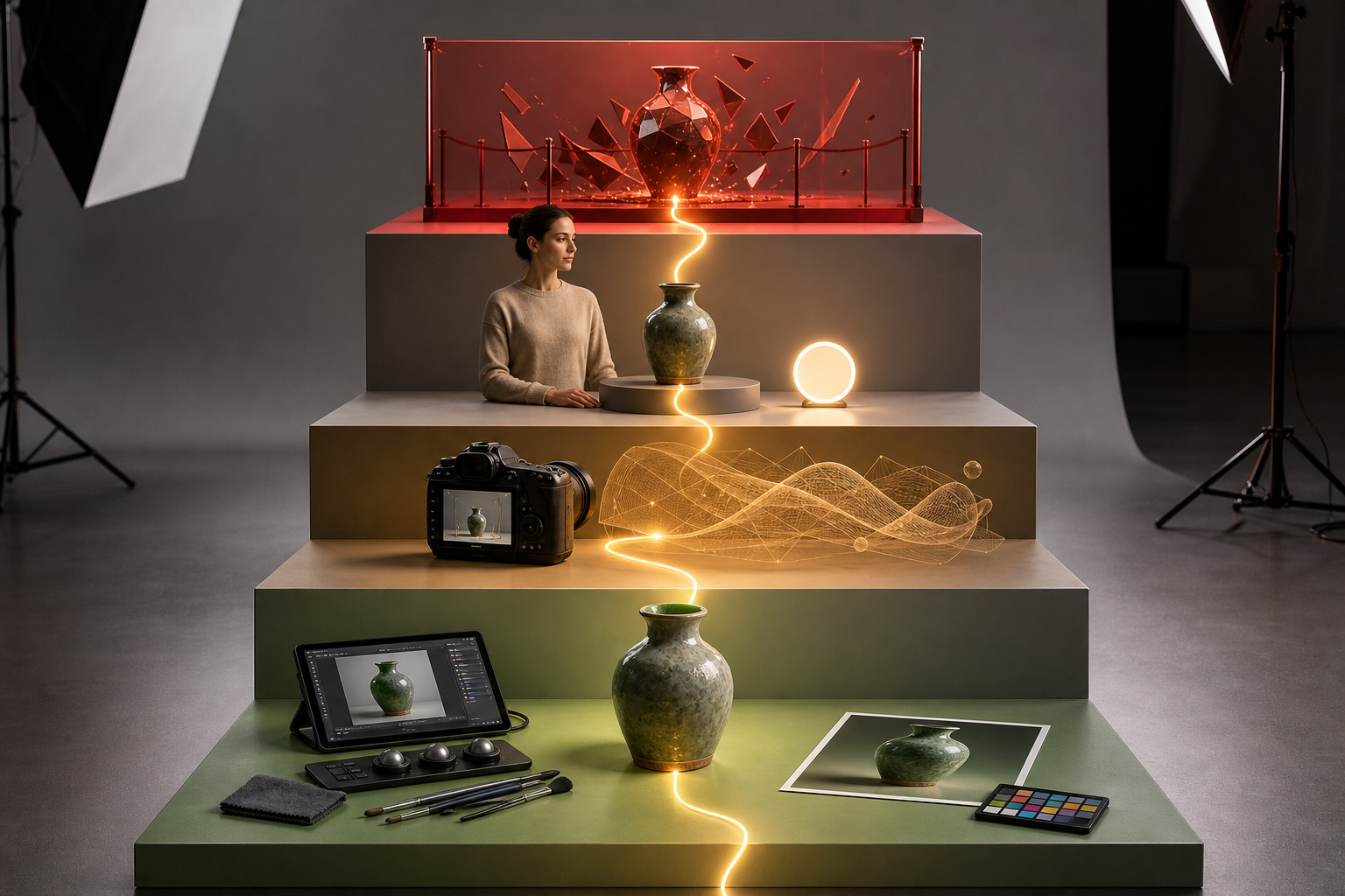 Four ascending studio platforms show increasingly consequential forms of AI-assisted product imagery connected to a real product by a golden thread.