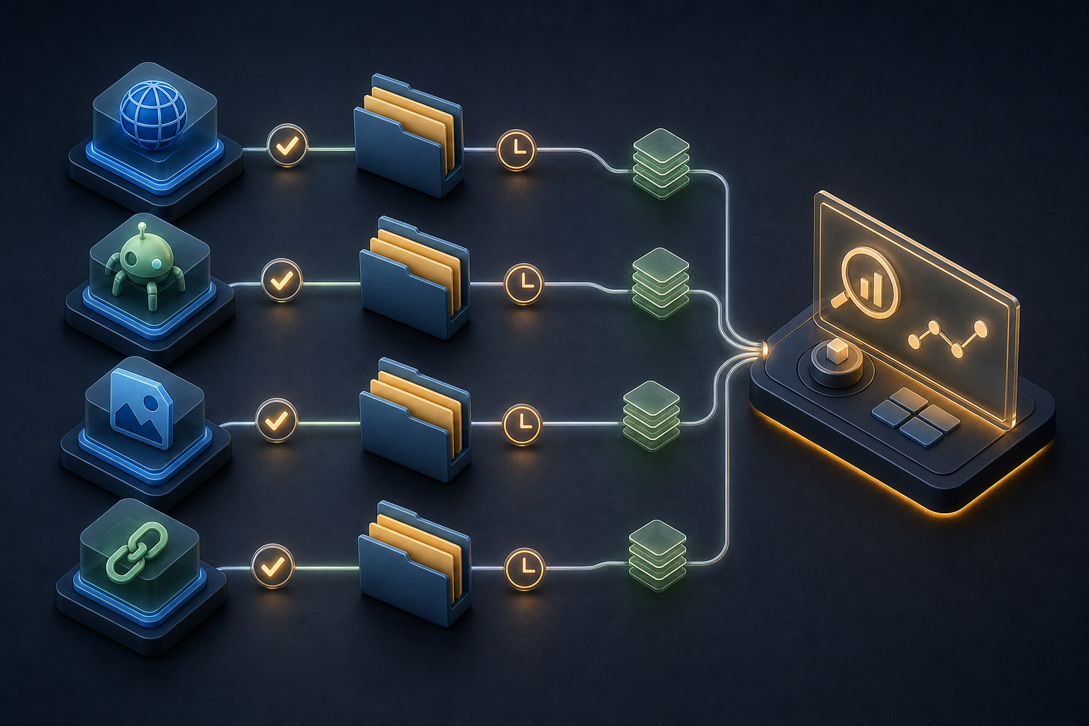 Four abstract data sources connect to a compact set of organized file folders and a central analysis workspace.