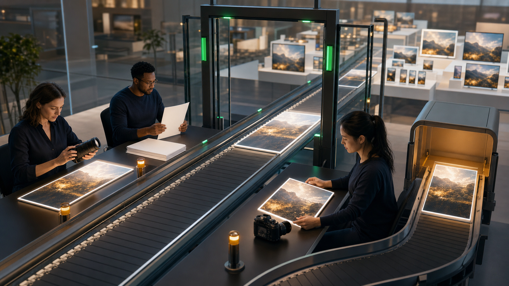 Reviewers inspect a marketing image, a physical product and supporting papers as creative assets pass through a transparent publishing checkpoint.