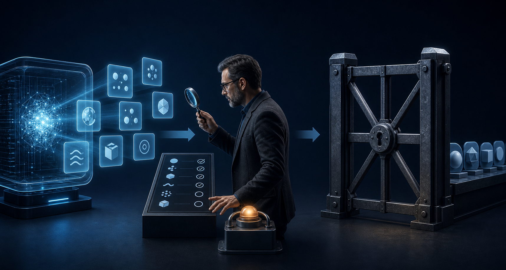 An analyst inspects abstract evidence tiles at a closed gate before approving workflow actions.