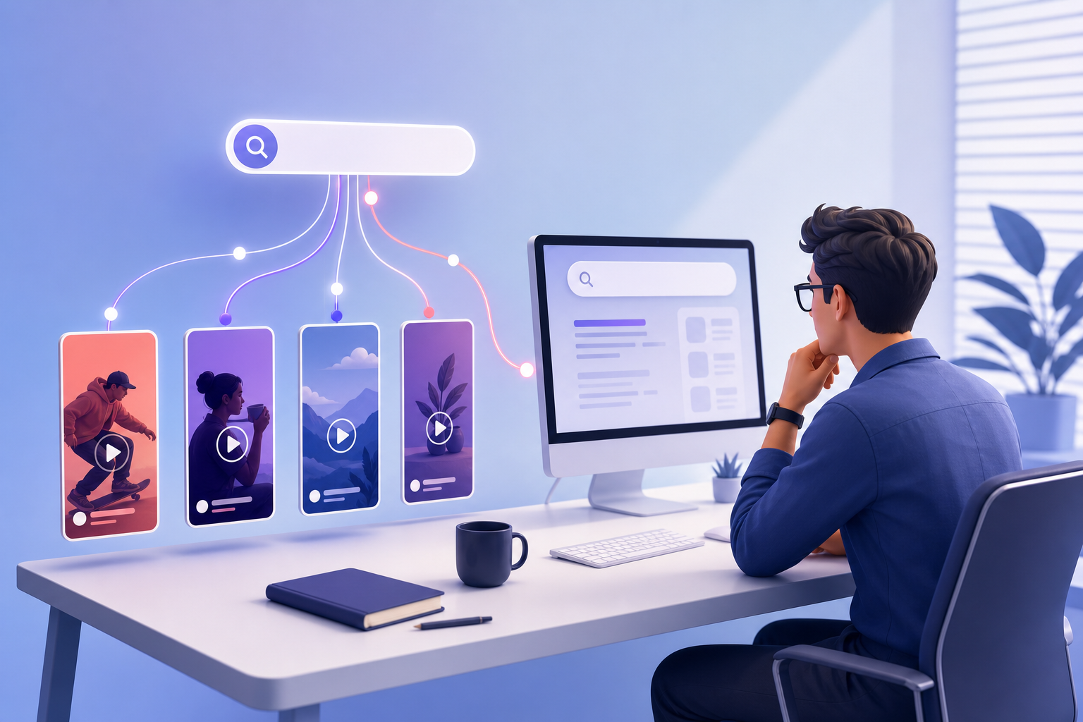 A content strategist examines an abstract search interface connected to several vertical video thumbnails.
