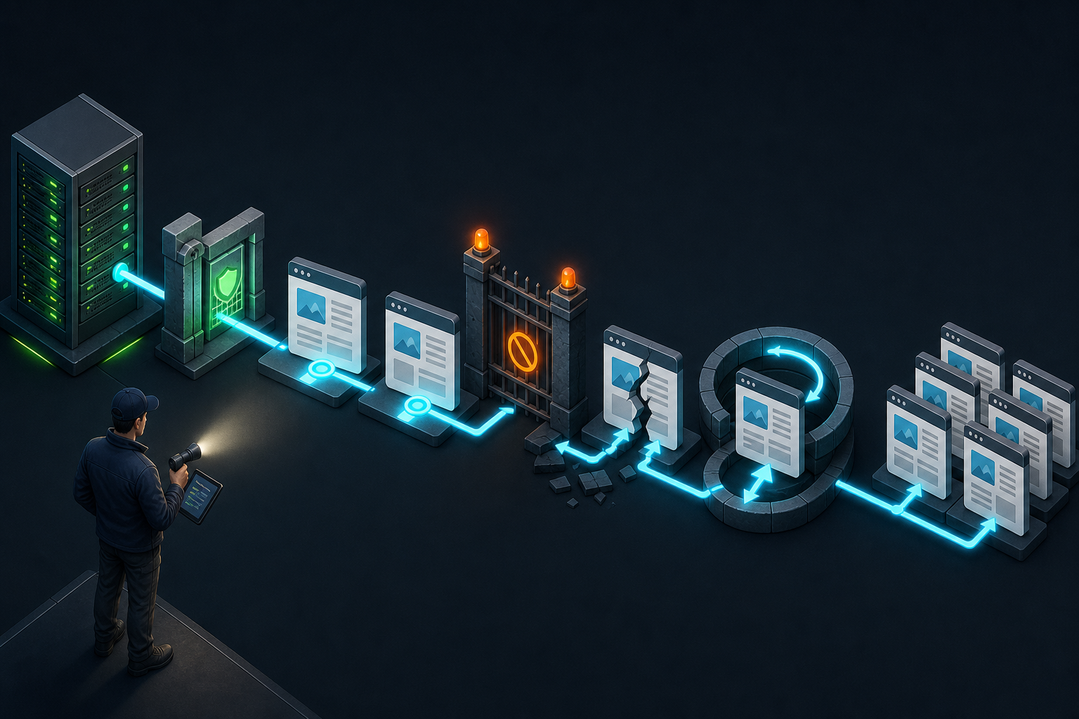 An isometric website system shows a crawler route passing from a server through linked pages toward blocked, broken, looping, and duplicate paths.