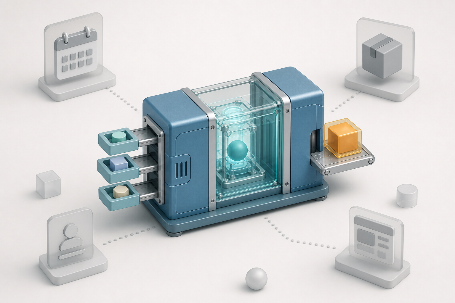 An isometric tool module receives structured inputs, validates them, and produces one confirmed output while unrelated interface elements remain disconnected.