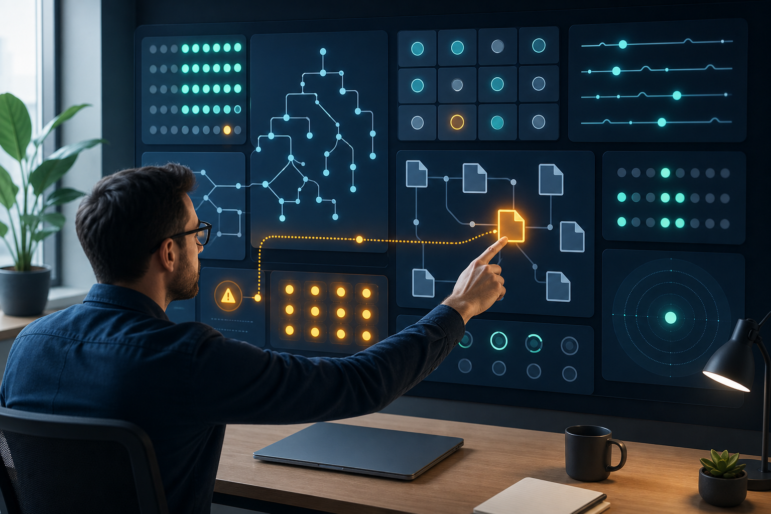 An analyst traces an amber warning from an abstract site-health monitoring wall to a highlighted page node.