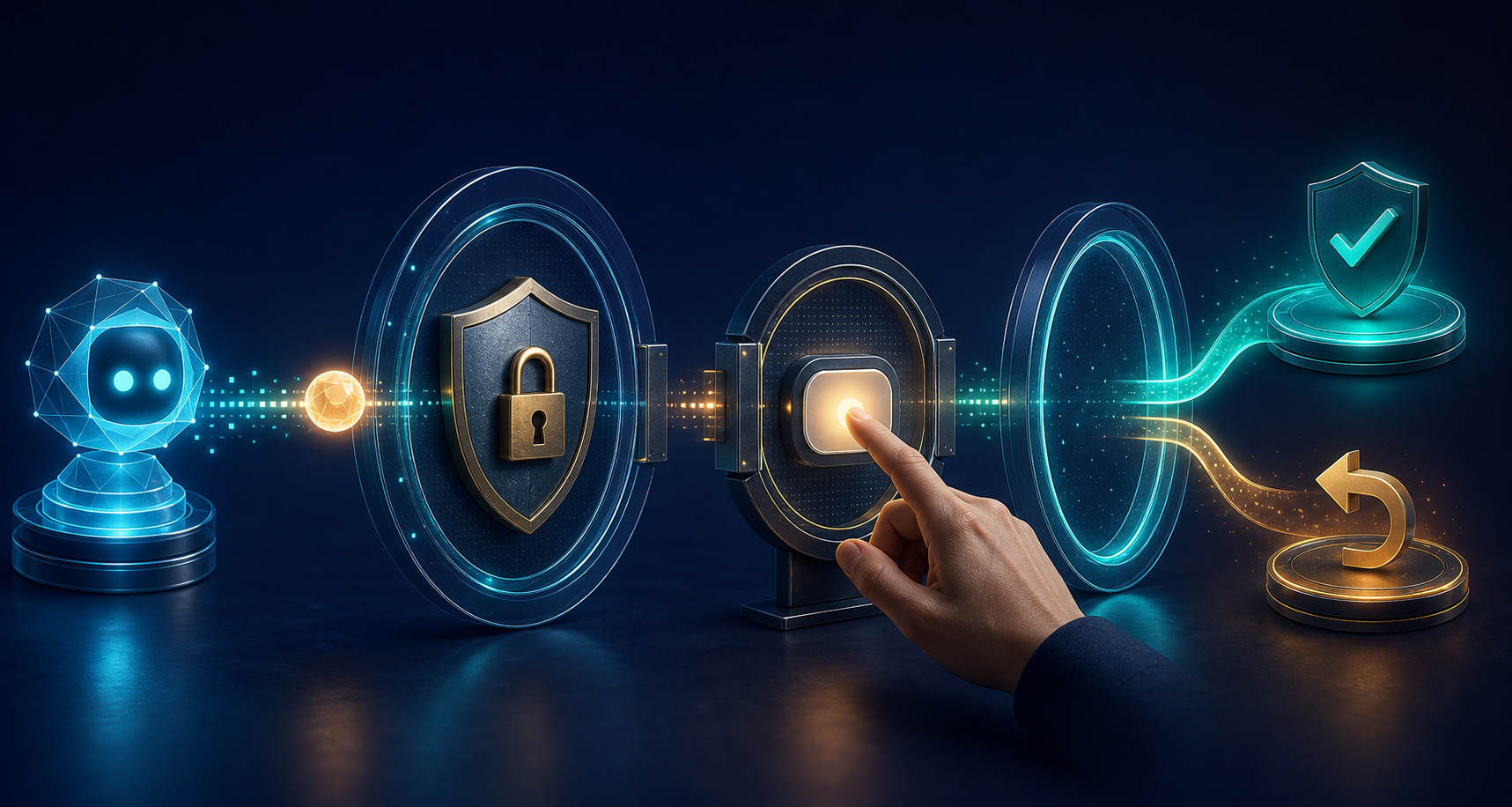A geometric AI agent's task passes through a permission gate and human confirmation checkpoint before reaching success or recoverable failure paths.
