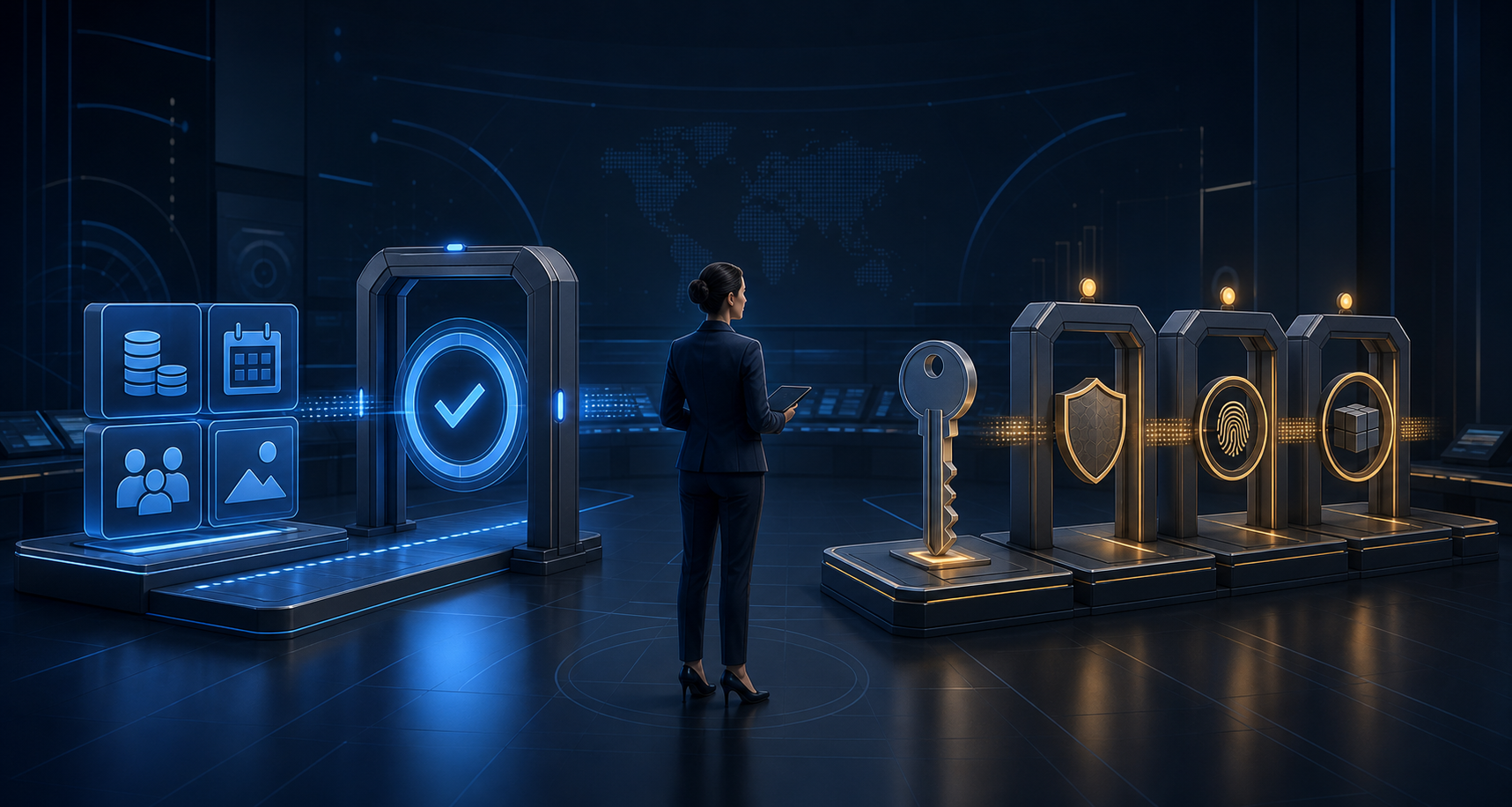 Campaign configuration tiles and an account key move through two separate compliance checkpoints in a digital operations room.