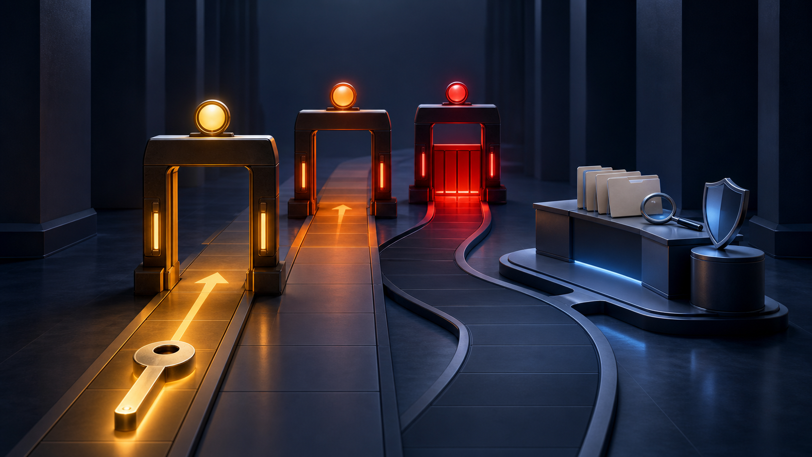 An account key approaches three escalating warning beacons and a closed barrier, with a separate path leading to a review desk and shield.