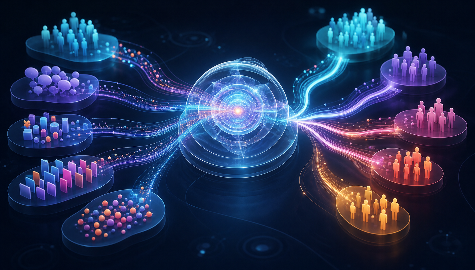 Glowing signal pathways connect audience, creative, exposure, and conversion symbols to a central AI system and groups of anonymous people.