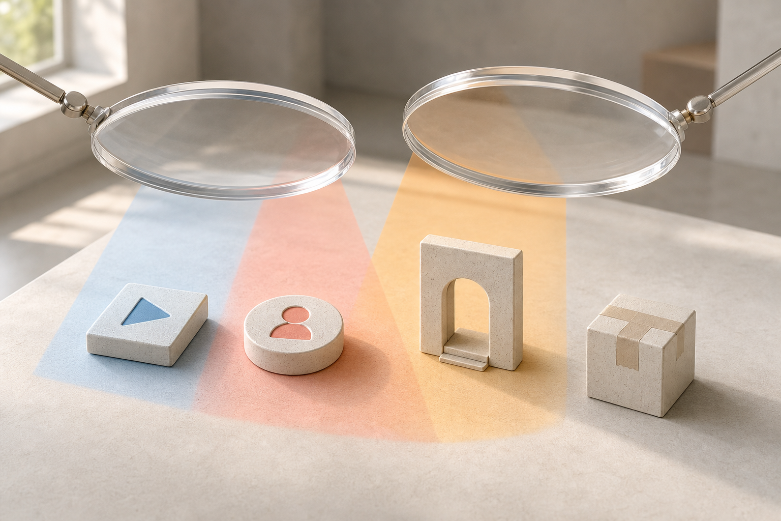 Two transparent measurement lenses observe different parts of the same path from an advertisement to a website visit and purchase.