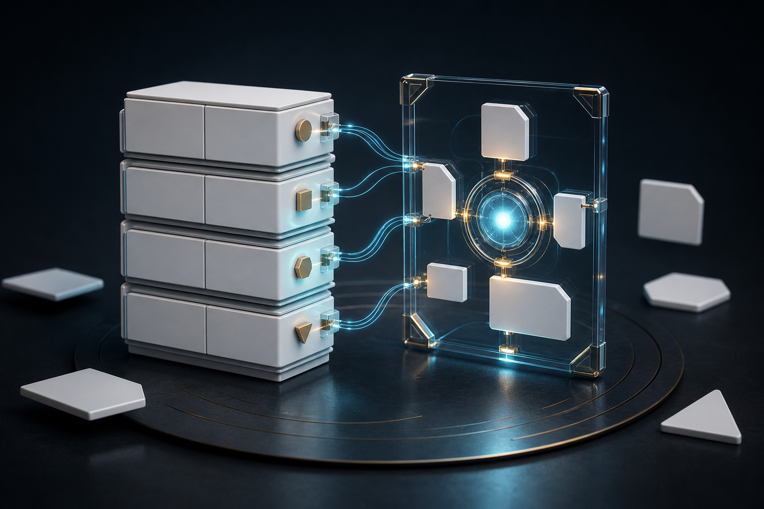 Unlabeled modular content panels connect through semantic markers and evidence fragments to a transparent frame surrounding a glowing answer core.