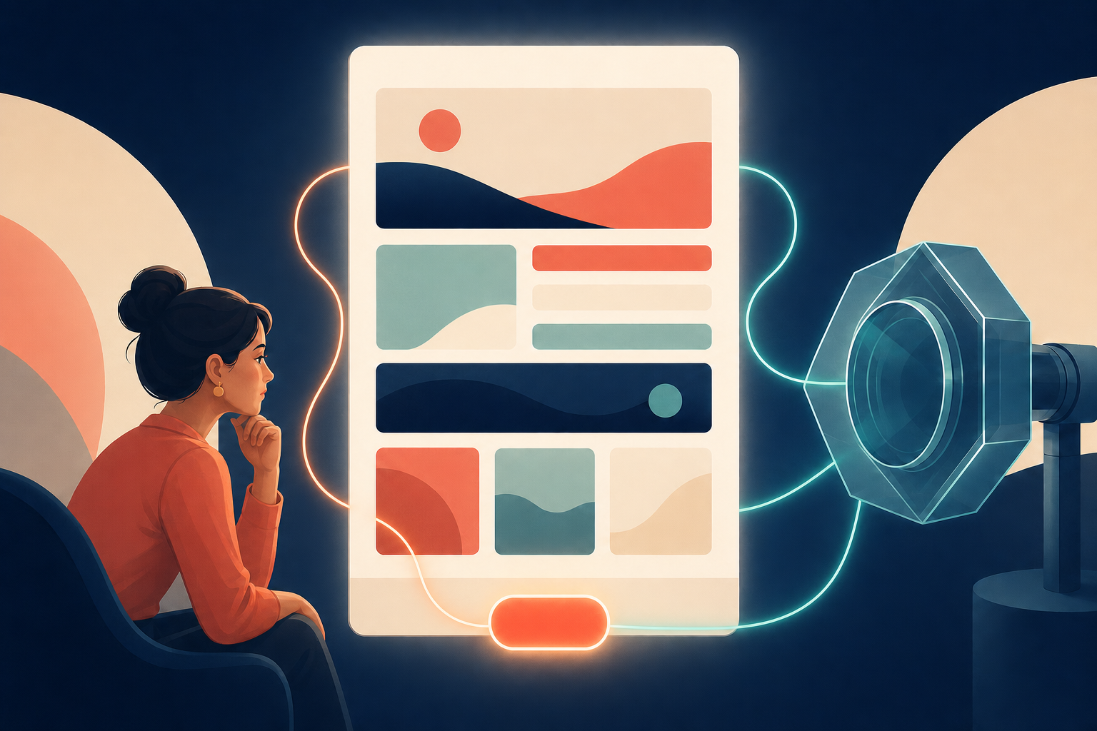 A reader and an abstract AI lens examine the same modular digital page, with both paths leading to one action element.