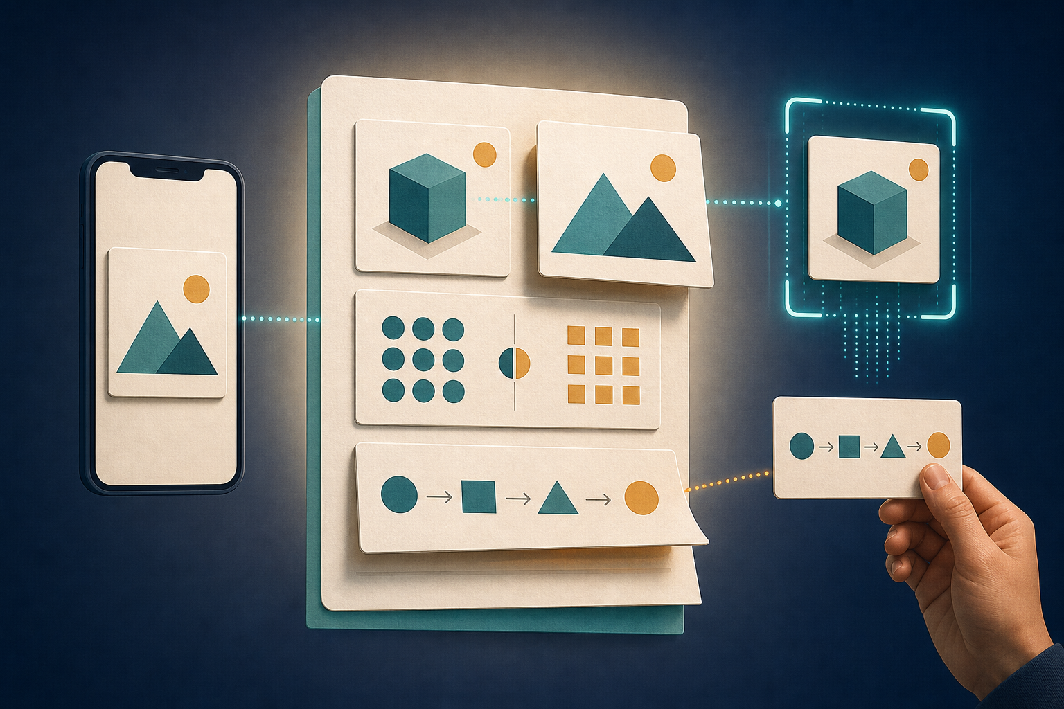 Blank visual content modules move from a central page into a mobile screen, an AI extraction frame, and a reader's reference card.