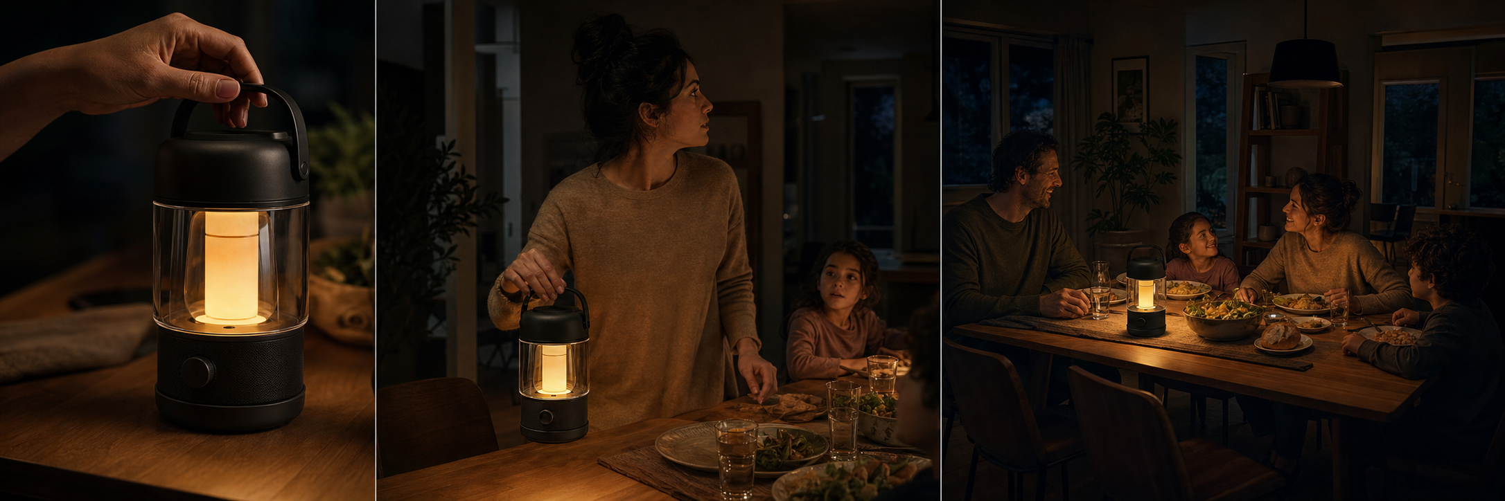 Three connected scenes show the same unbranded lantern in a close-up, during a power outage, and illuminating a family dinner.