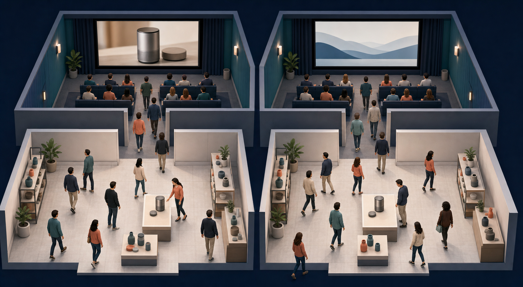An isometric illustration shows two matched audience groups following parallel test paths, with one group exposed to a product film before both enter identical shopping spaces.