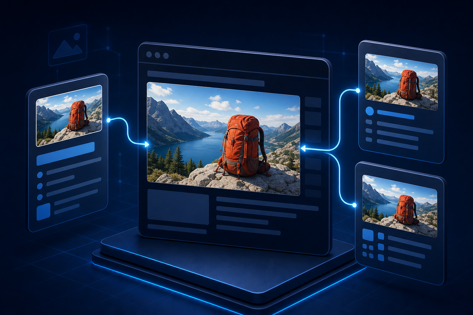 Matching backpack images in three floating page-signal layers connect to the same thumbnail in a central browser frame.