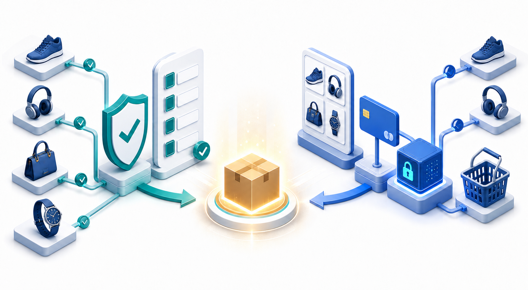Generic products pass through separate compliance and transaction checkpoints before converging on a completed order package.