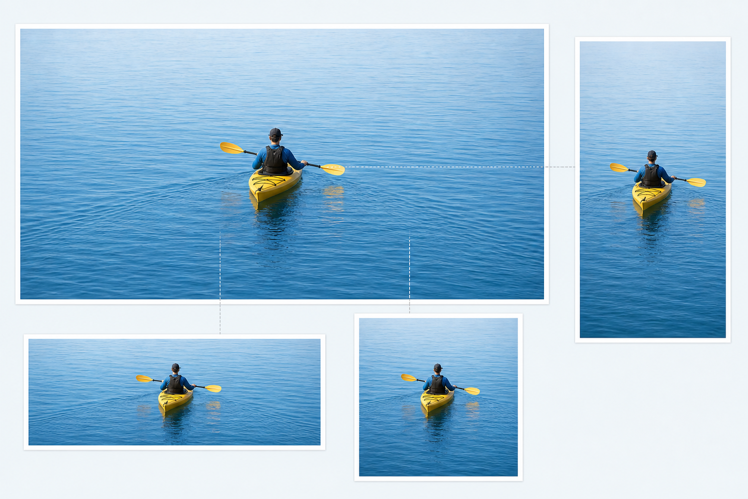 Wide, square, and vertical crops of the same kayaking scene all keep the yellow kayak and paddler fully visible near the center.