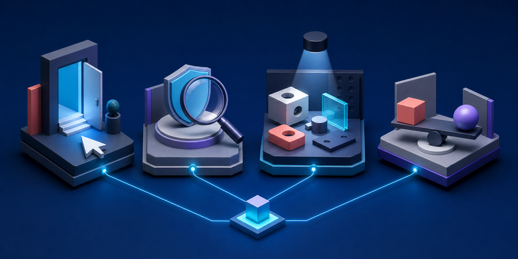 Four connected isometric scenes depict direct navigation, proof checking, feature research, and comparison as separate decision paths.