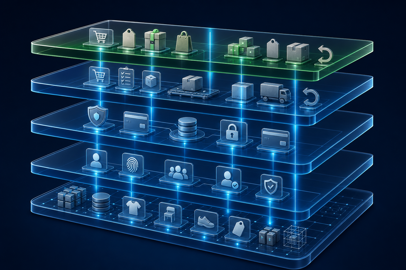 A layered digital commerce stack links catalog objects, account controls, payment processing, order management, and customer offers.