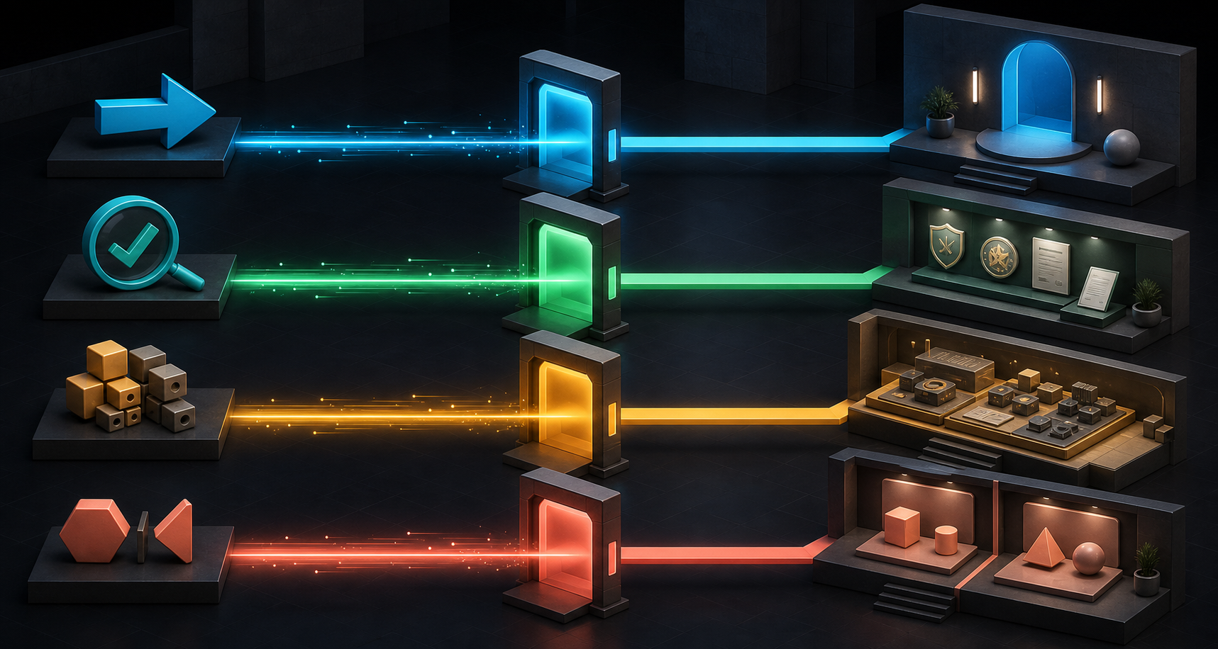 Four icon-based search signals pass through separate colored gateways and lead to four different landing-page environments.