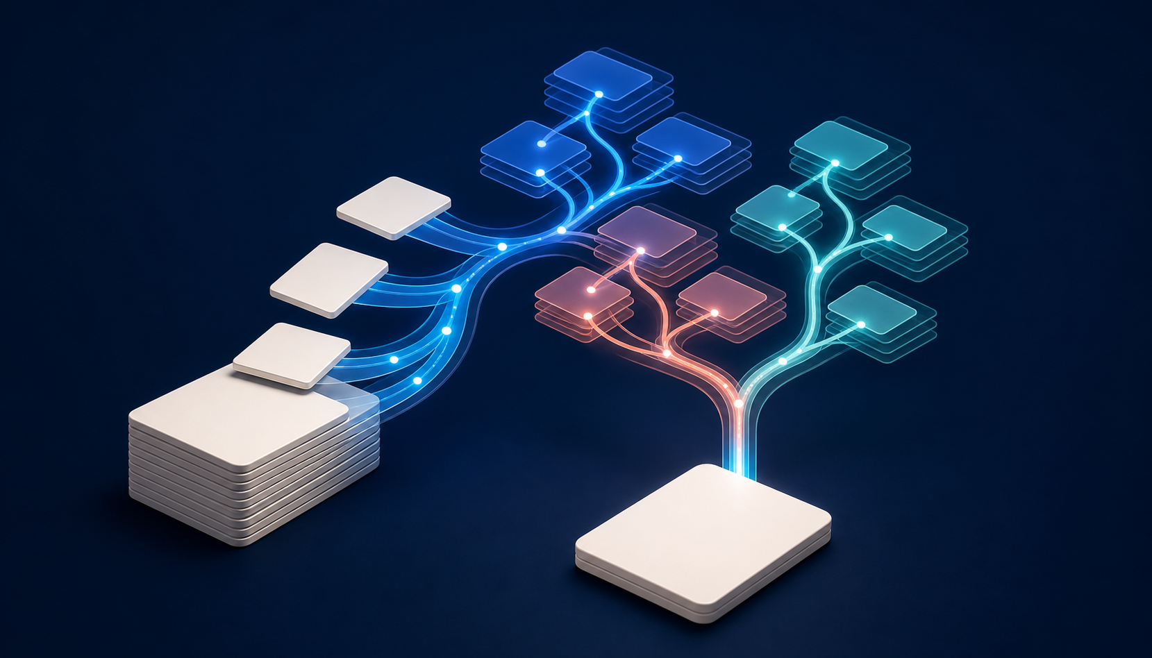 Unmarked content cards move from a web page through a branching retrieval network and combine into a single answer card.