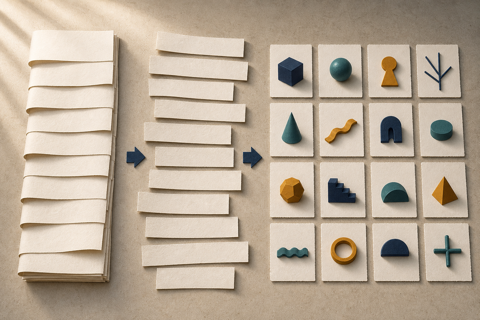 A long layered document is separated into an orderly grid of distinct blank content cards.