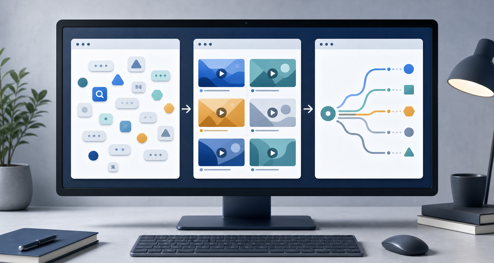 Three abstract analytics panels show query, video content, and destination perspectives side by side.