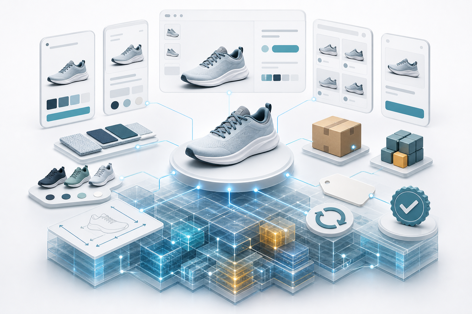A running shoe is connected to organized product details, inventory, shipping and verification symbols above a foundation of data blocks.