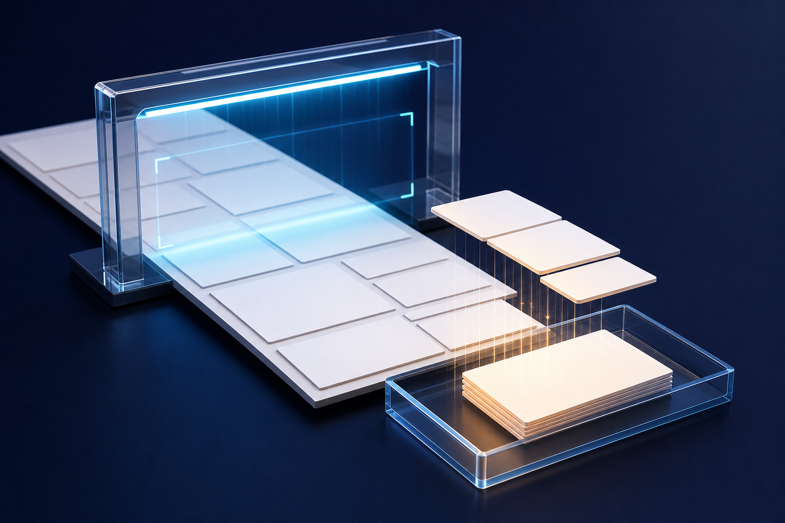 A transparent scanning frame lifts selected blank answer cards from a modular web page into a separate tray.