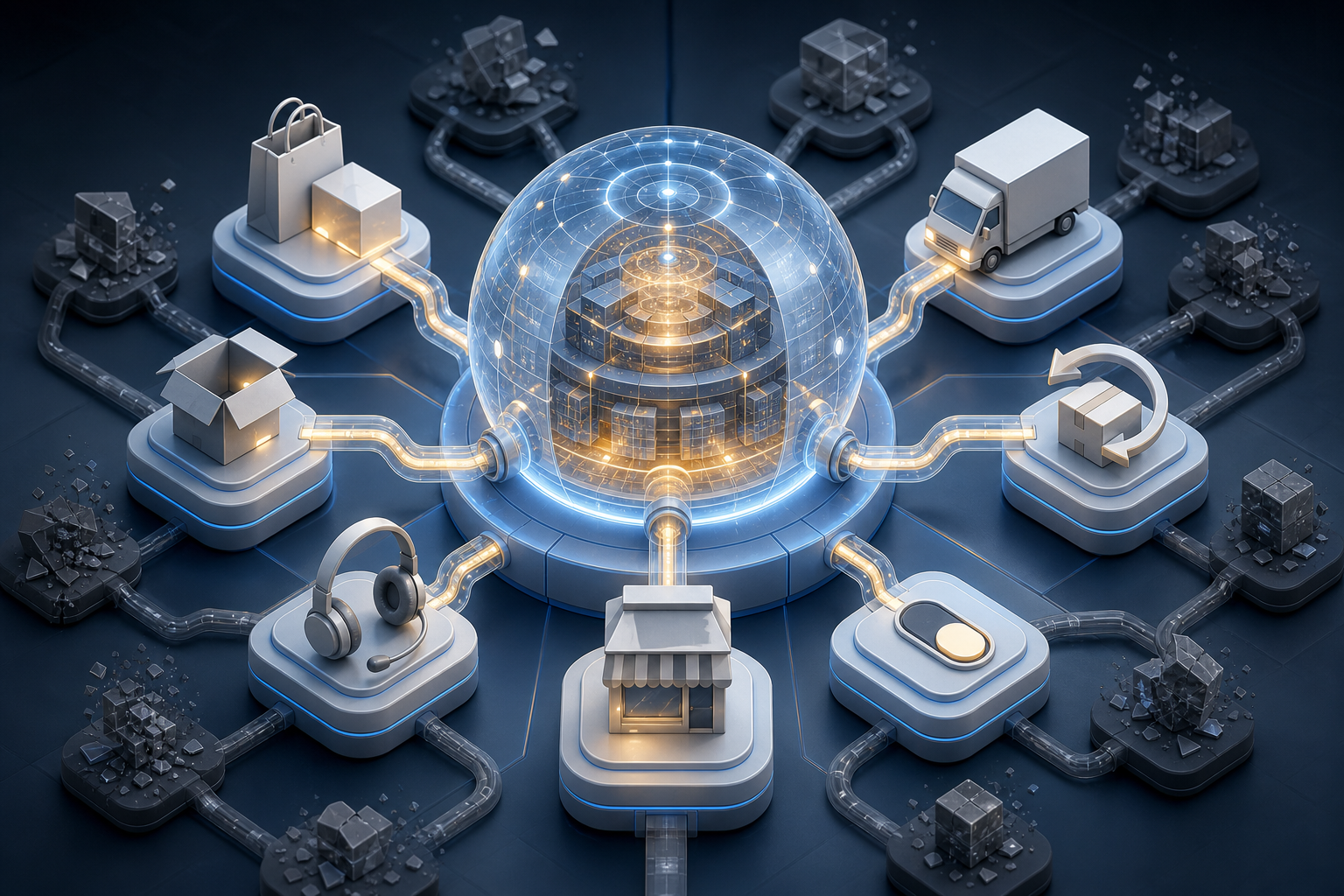 Purchase, delivery, service, store, consent, and return signals converge into a single translucent customer-memory hub while duplicate fragments are filtered out.
