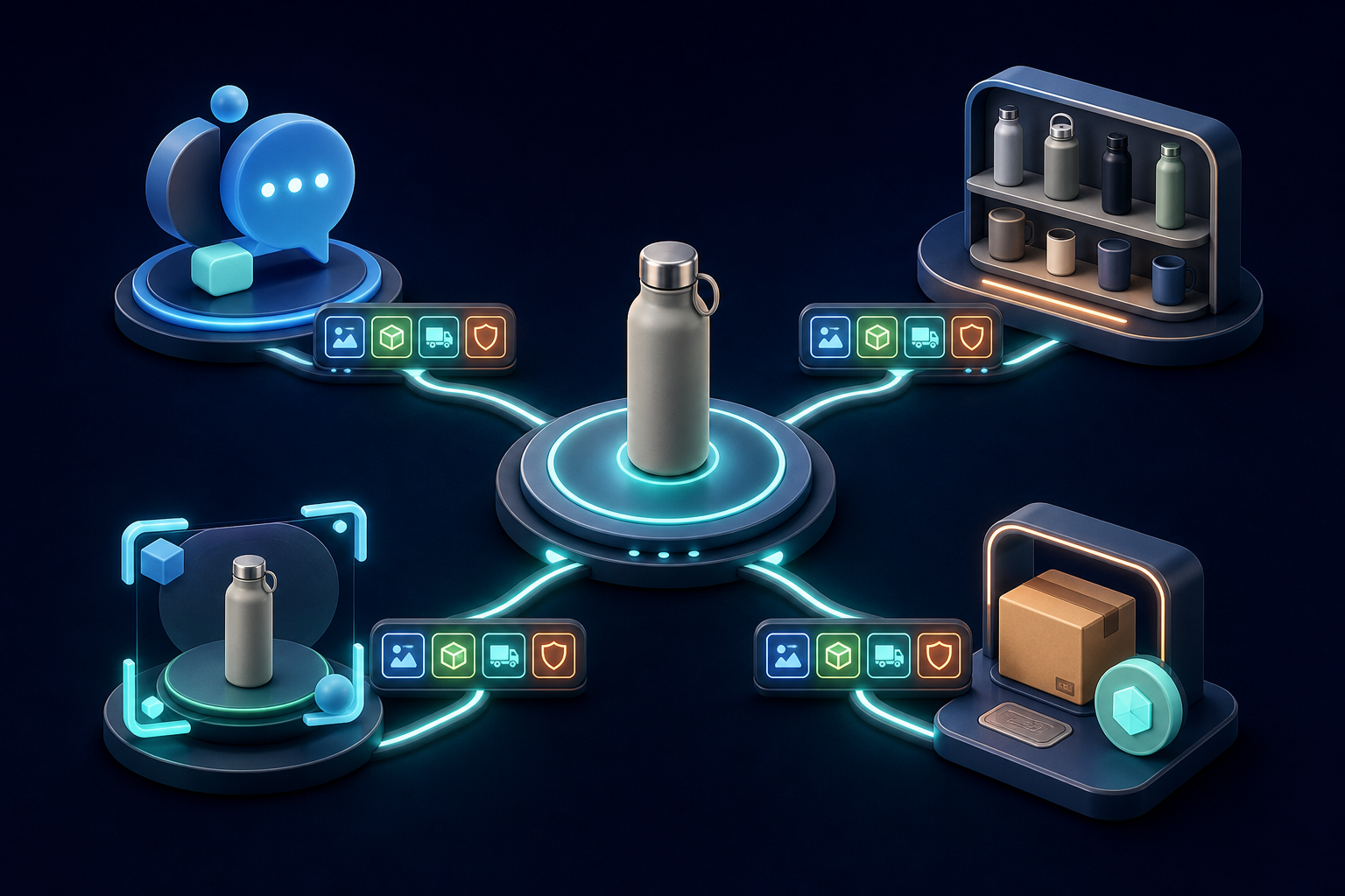 A travel bottle on a central operations hub connects to conversational, comparison, visual discovery and checkout surfaces through separate readiness gates.
