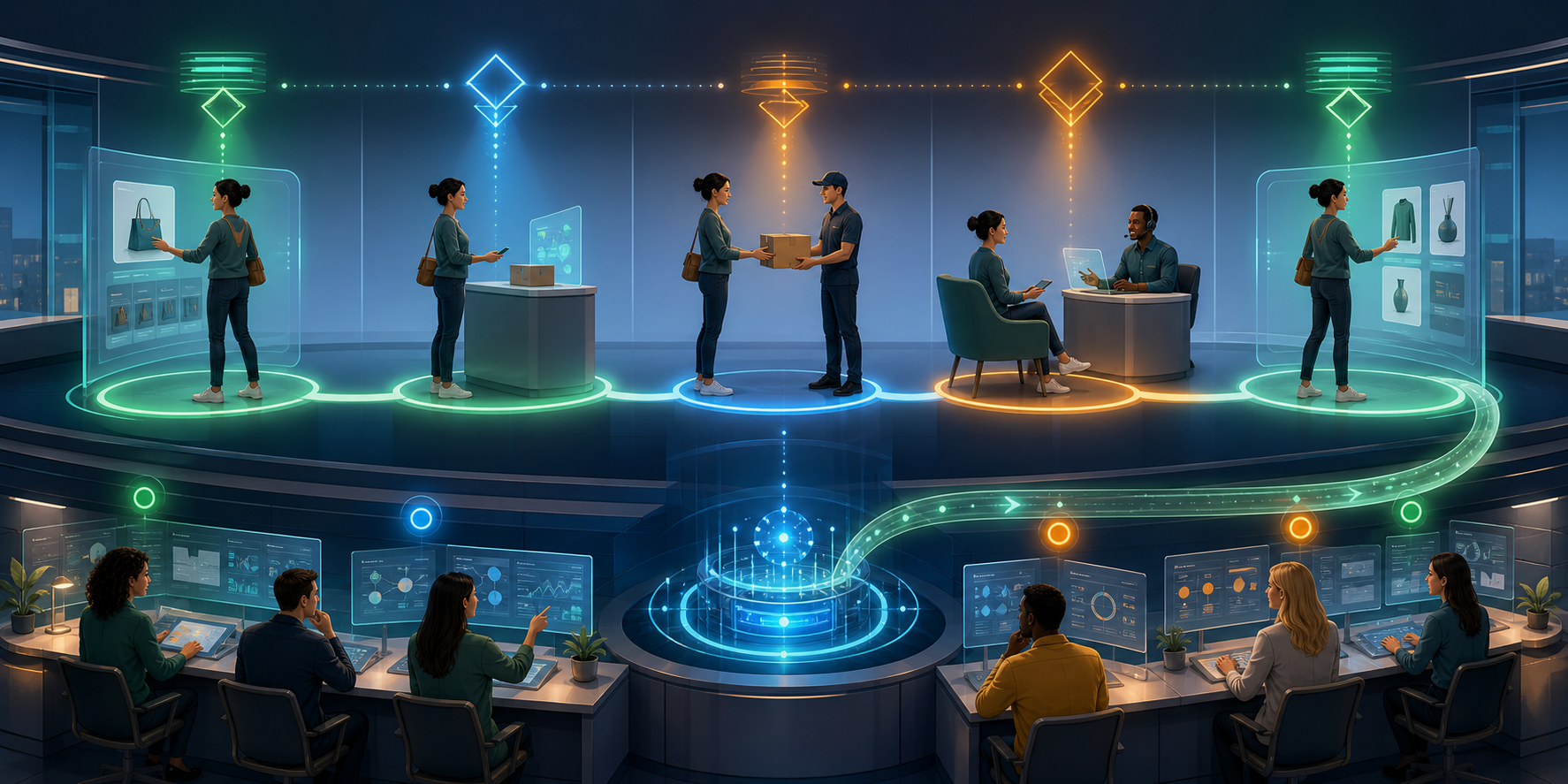 A customer journey passes through connected purchase, delivery, support, and shopping moments while shared decision gates and a feedback loop coordinate several teams.