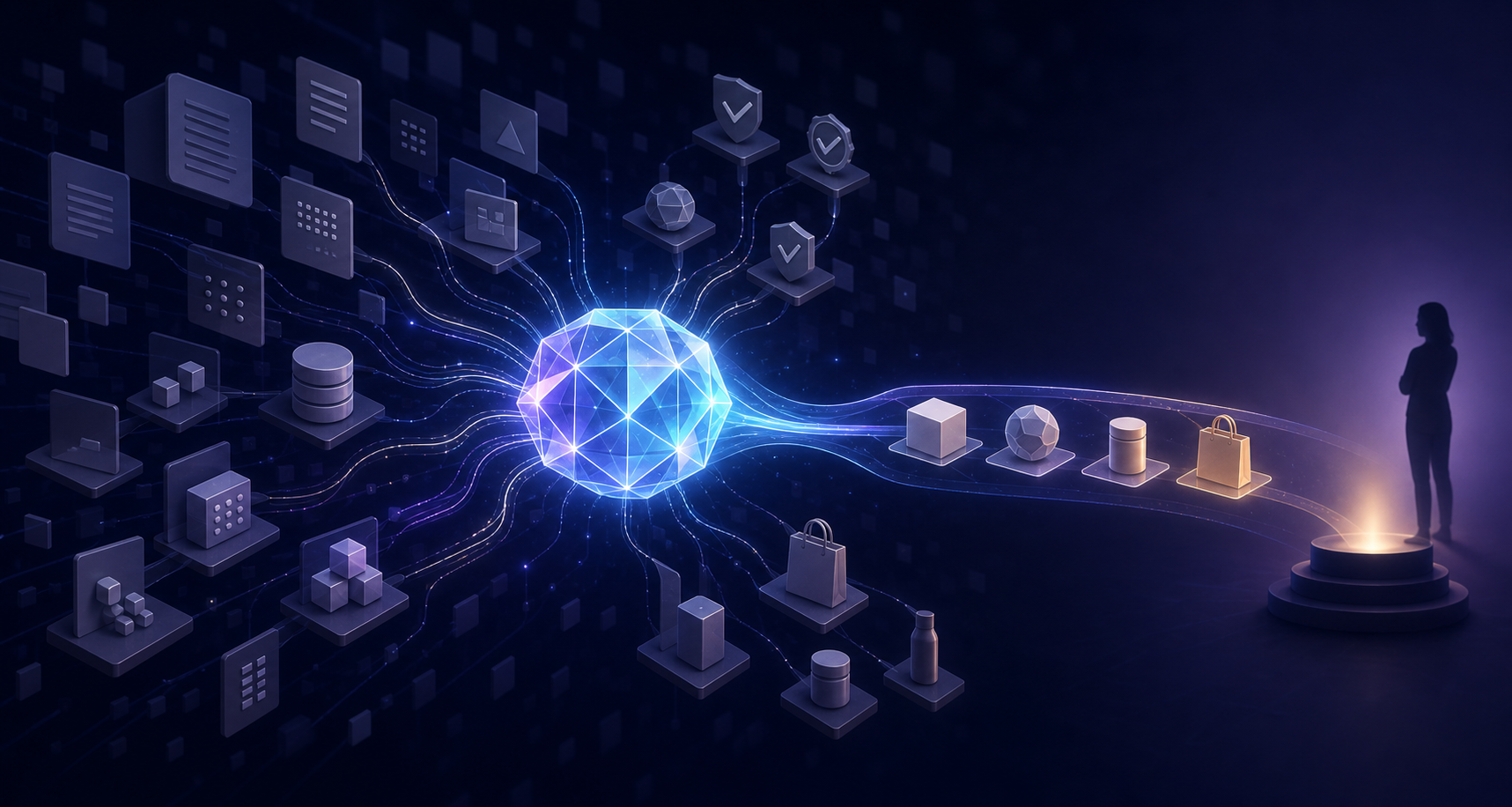 A glowing geometric intelligence core draws information from many source tiles and directs a focused recommendation toward a buyer silhouette.