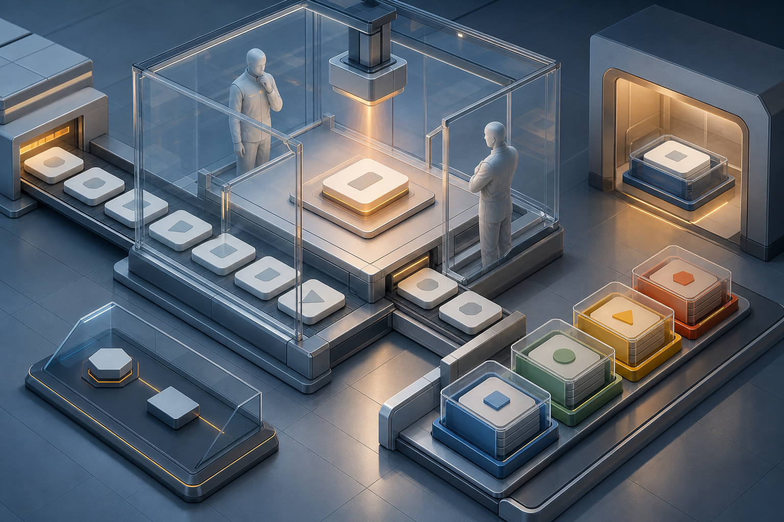 Two reviewers inspect query tiles in a transparent chamber while approved exclusions are stored in organized trays and an earlier set remains in a recovery bay.