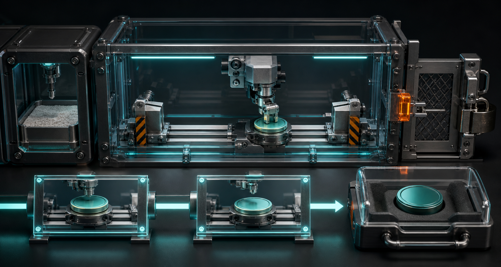 A compact automation mechanism moves one campaign token inside a guarded enclosure while illuminated before-and-after snapshots and a protected backup show evidence and rollback.