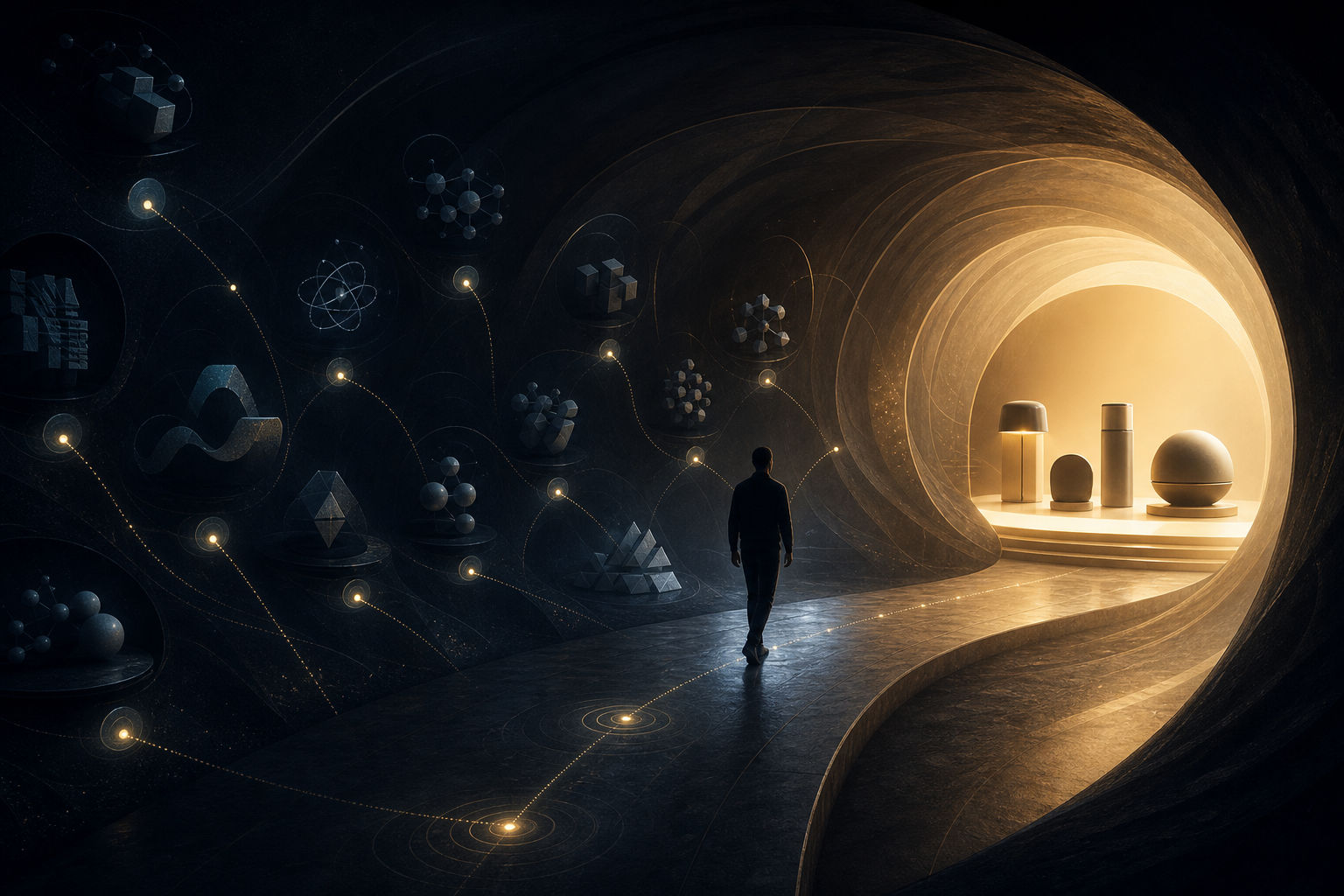 A buyer silhouette travels through a dark branching information tunnel toward a brightly lit group of product objects, with glowing observation points along the route.