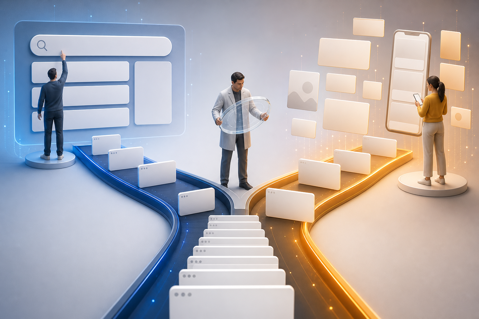 An analyst examines a stream of web pages splitting into a search-results path and a personalized content-feed path.