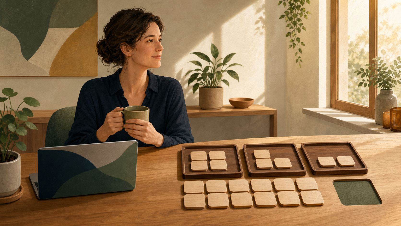 A freelance consultant works at a tidy desk beside wooden tiles arranged into project trays with open space left for extra capacity.