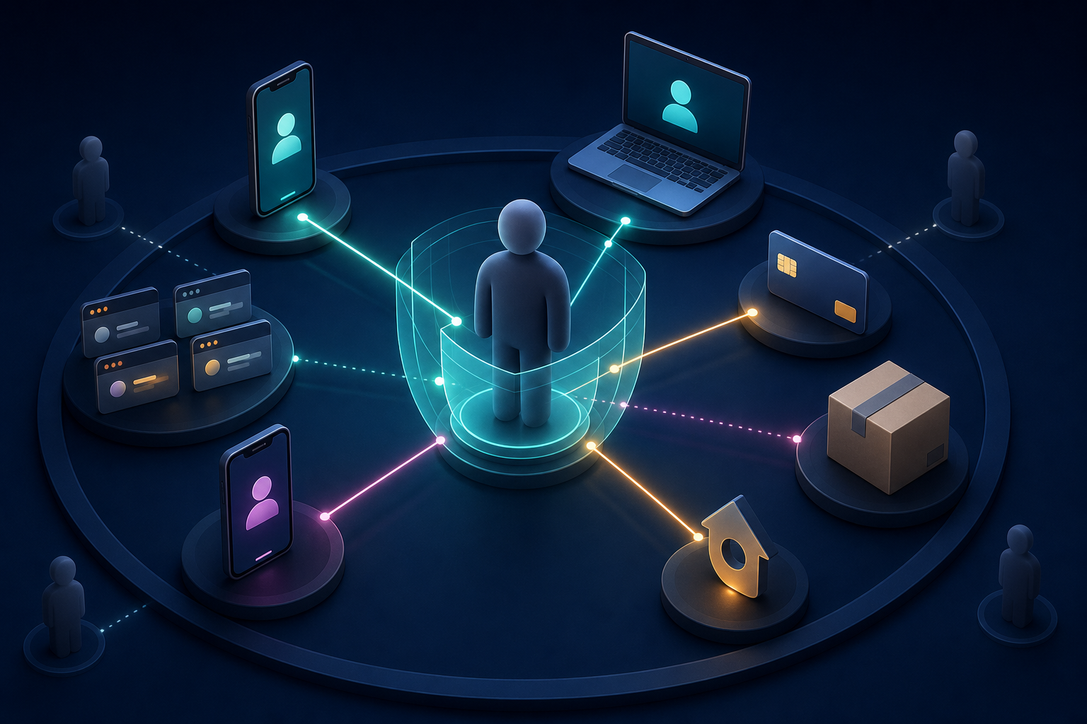 An anonymous customer figure surrounded by devices and transaction objects, with solid and faint connection lines indicating different levels of identity confidence.