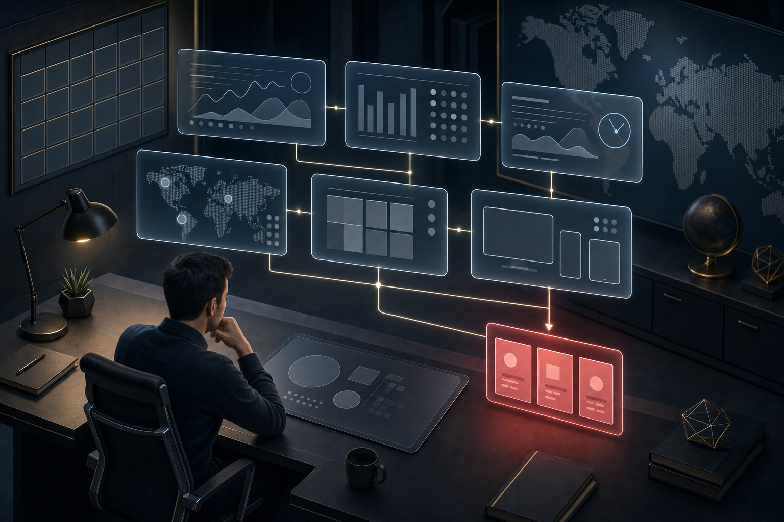 An analyst compares abstract traffic panels, a calendar grid, a world map, and groups of web pages at a diagnostic workspace.