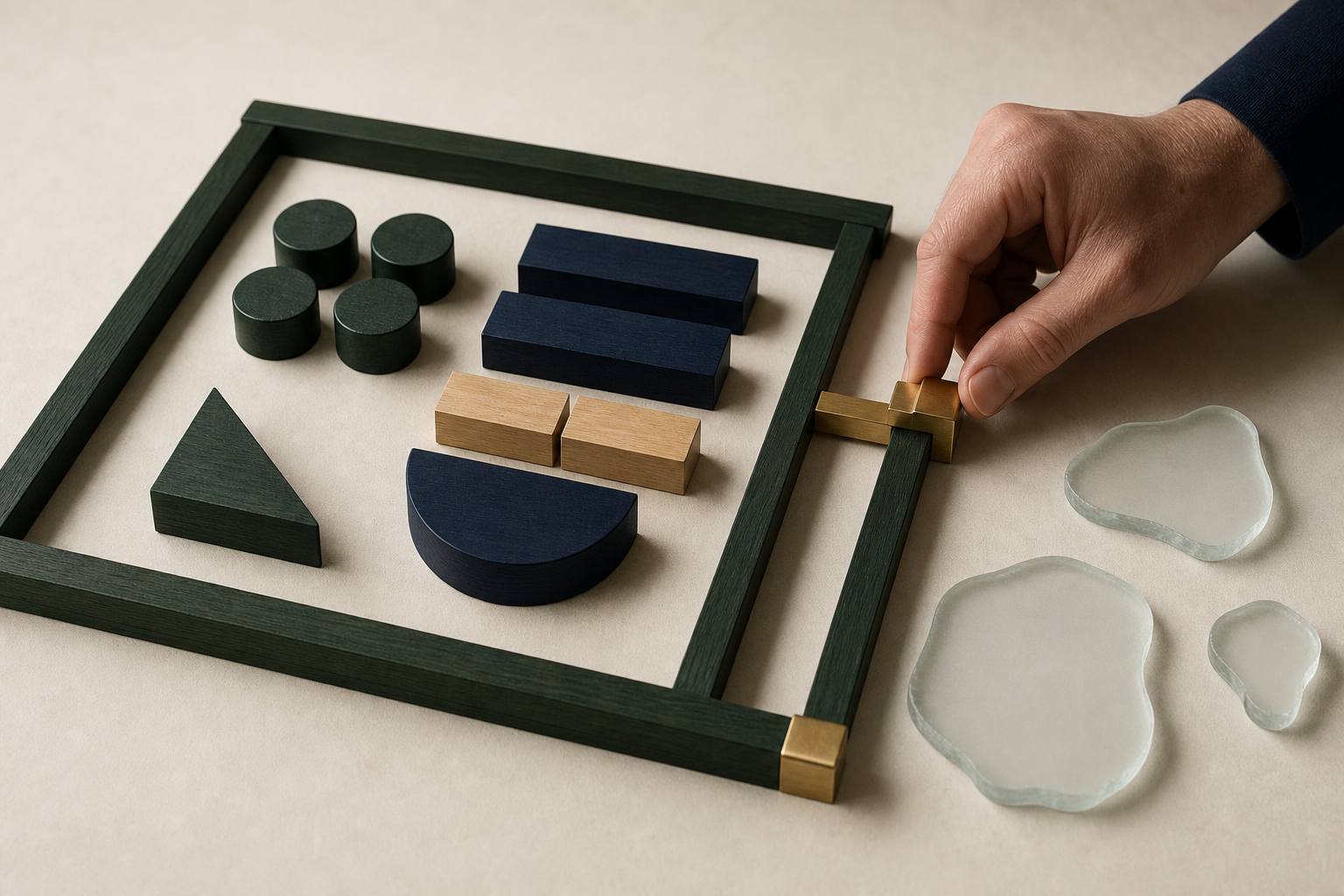 A hand adjusts a brass slider on a wooden project frame containing solid pieces, with irregular glass pieces resting outside the boundary.