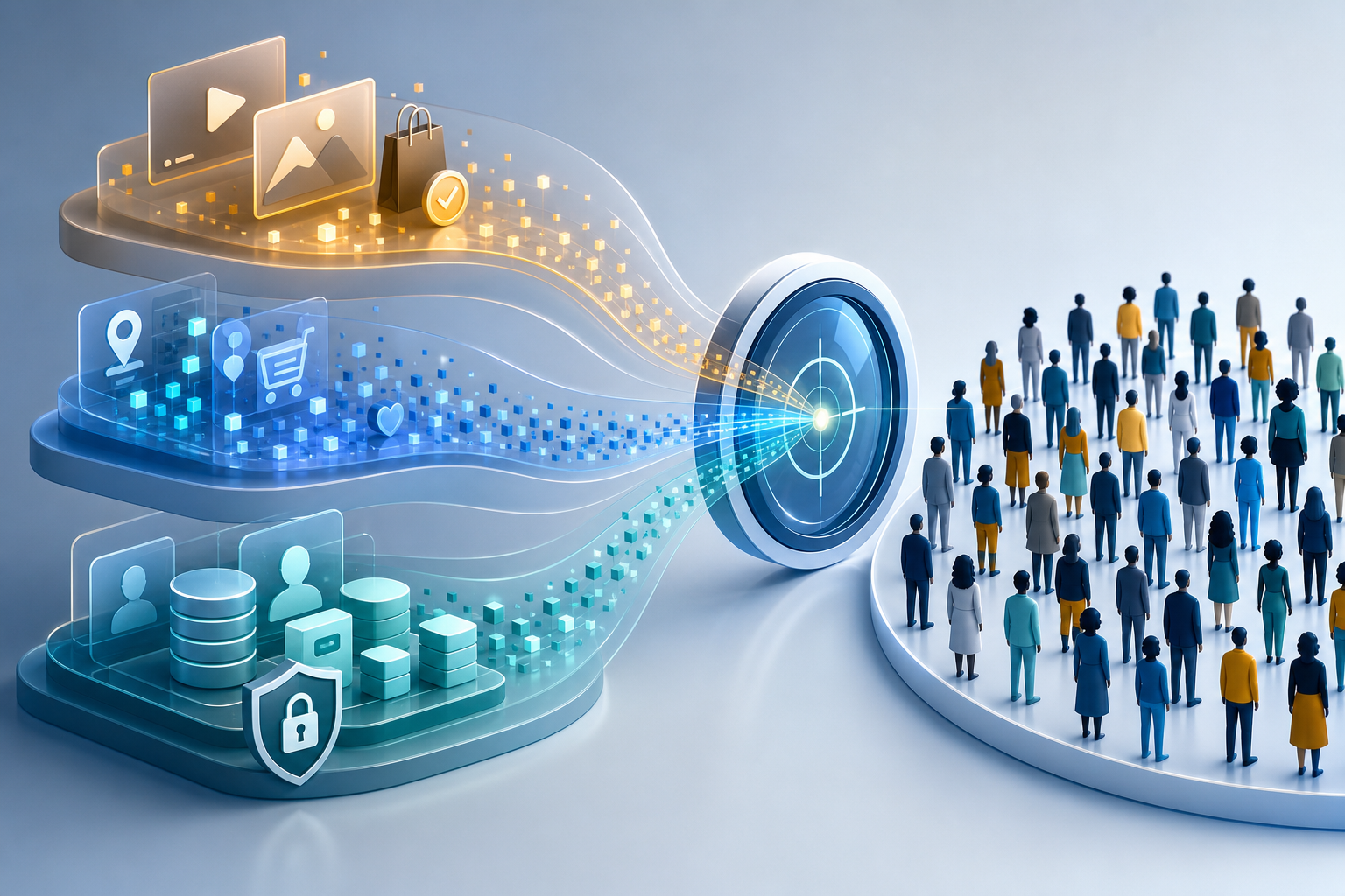 Three layers of abstract customer, contextual, and outcome signals converge through a targeting lens toward a diverse audience.