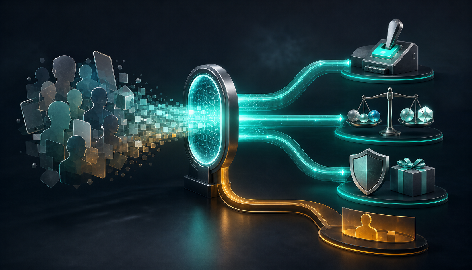 Overlapping customer and device signals pass through a confidence gate before branching toward campaign, attribution, and risk decision symbols.