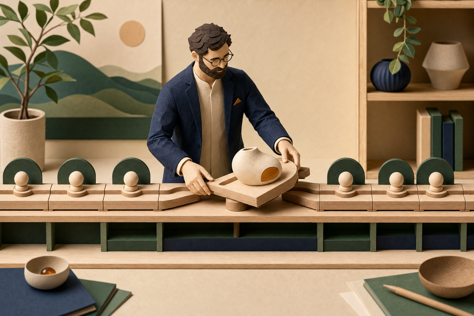 A consultant adjusts one section of a modular wooden pathway so a rounded ceramic piece can move through the otherwise uniform system.