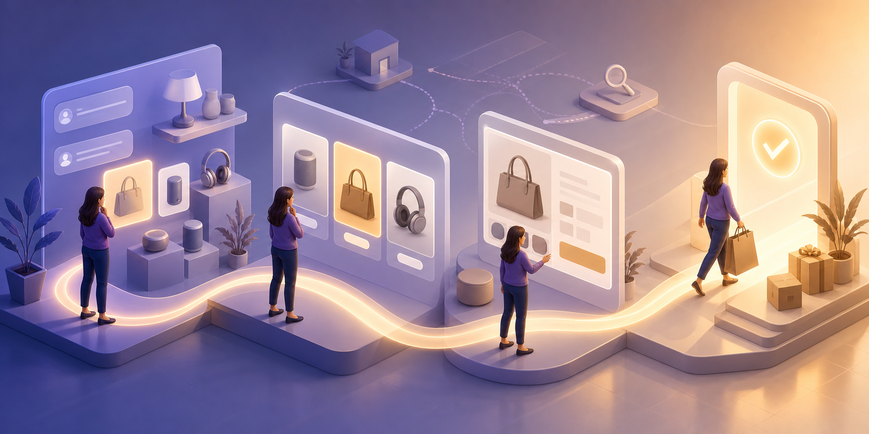 A shopper moves through connected stages of product discovery, comparison, a product page visit, and purchase.